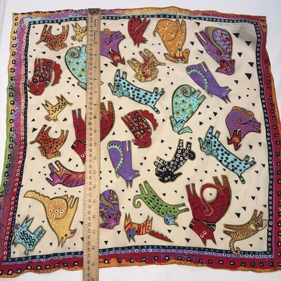VTG Laurel Burch Bright Multicolor Dog Cat Designer Silk Scarf Handkerchief Read - Picture 5 of 9
